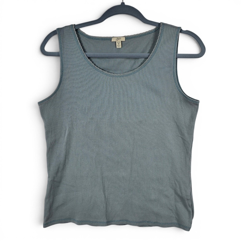 J. Jill Blue Ribbed Knit Tank Top Picot Trim Scoop Neck Stretch 90s Y2K Medium